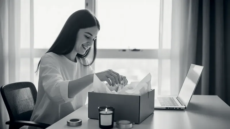 A smiling woman tucks tissue paper into a cardboard box of candles at a bright desk by a big window, with a lit candle and a laptop beside her