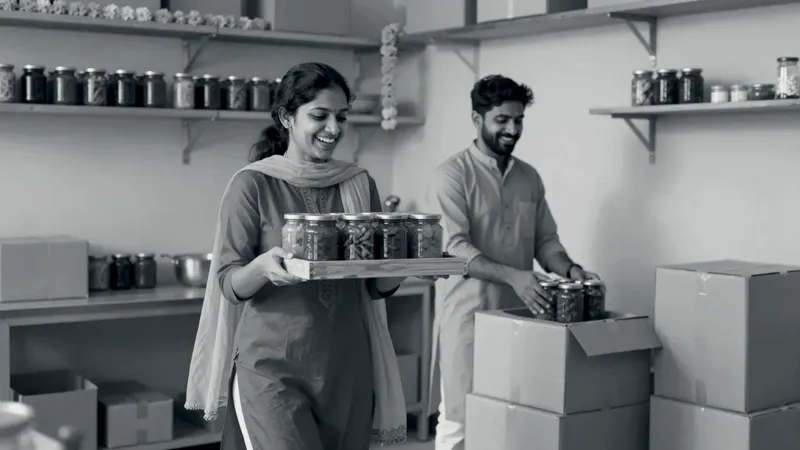 A smiling woman in a magenta kurta and a yellow dupatta carries a tray of colourful pickle jars past a colleague packing jars into cardboard boxes, in a bright turquoise workshop hung with marigolds
