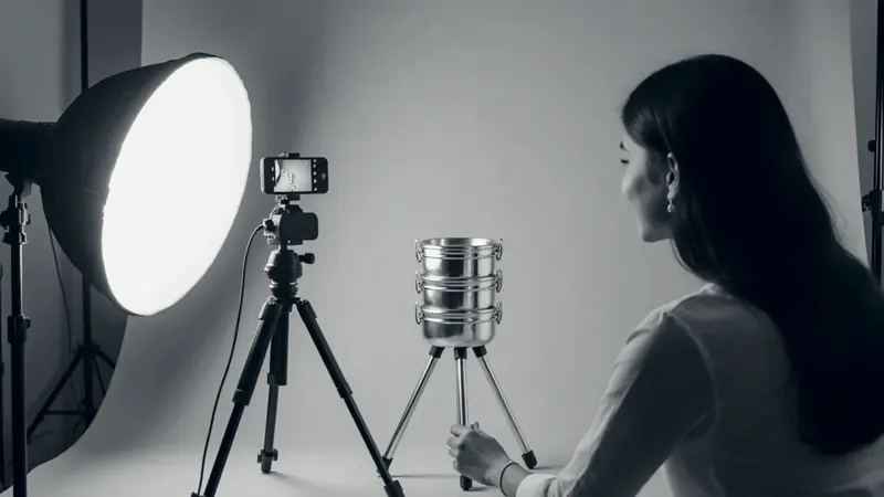A young woman films a stacked steel tiffin on a mustard-yellow backdrop, with a phone on a tripod and a soft light beside it