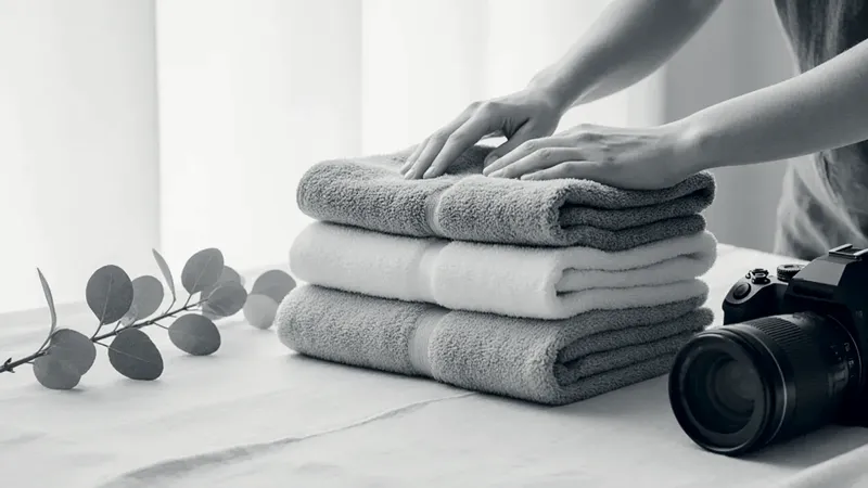 Hands smooth a stack of folded grey, white and beige cotton towels on a linen-covered table, with a sprig of eucalyptus and a camera beside them