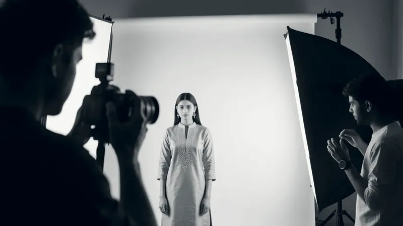 Behind the scenes of a fashion shoot: a model in a mustard silk kurta stands against a white backdrop while a photographer and an assistant work the lights