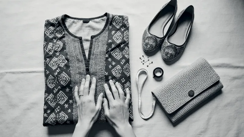 Overhead shot of hands smoothing a folded indigo block-printed kurta beside embroidered juttis, a woven clutch, a tape measure and pins