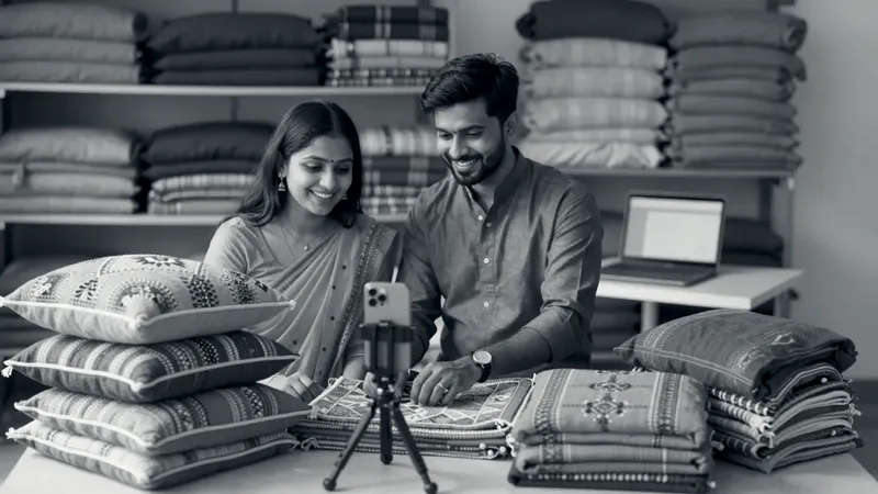 A smiling couple in an orange saree and a green kurta photograph a stack of colourful block-print cushions with a phone on a small tripod, in front of shelves of bright folded fabrics