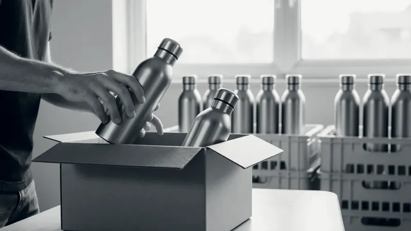 Hands pack steel water bottles into a cardboard carton, with rows of steel bottles in yellow crates behind, by a sunny window