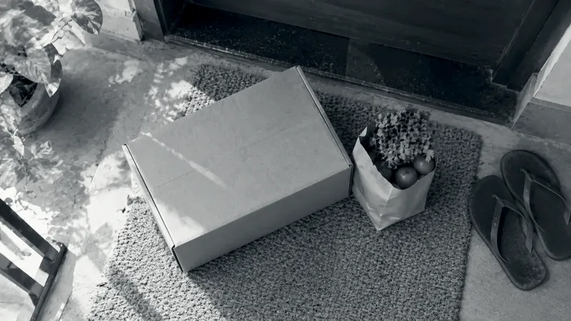 A large plain cardboard box and a small paper bag of coriander and tomatoes on a jute doormat outside a flat's front door, beside a pair of chappals