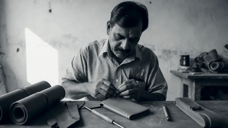A craftsman in a checked shirt hand-stitches a tan leather wallet at a wooden workbench, with rolled leather, a finished strap and an awl beside the wallet
