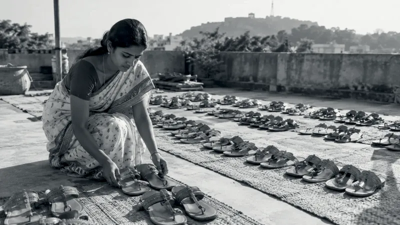 A woman in a saree arranges rows of handmade Kolhapuri chappals drying on woven mats on a sunny rooftop, with a hill in the distance