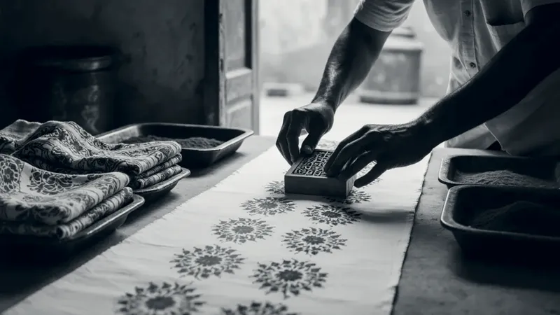 A craftsman presses a carved wooden block onto white cotton, printing rows of indigo and rust flowers, beside trays of dye and folded printed dupattas