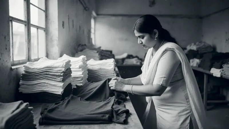 A woman folds a navy cotton T-shirt on a long wooden table in a garment workshop, beside neat stacks of white, mustard and grey T-shirts