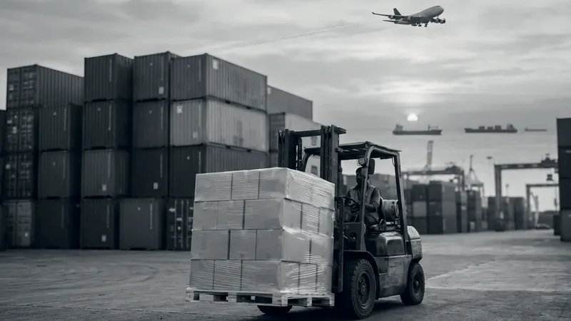 A forklift carrying a pallet of cartons through a container port at sunset, with a plane overhead and ships at sea