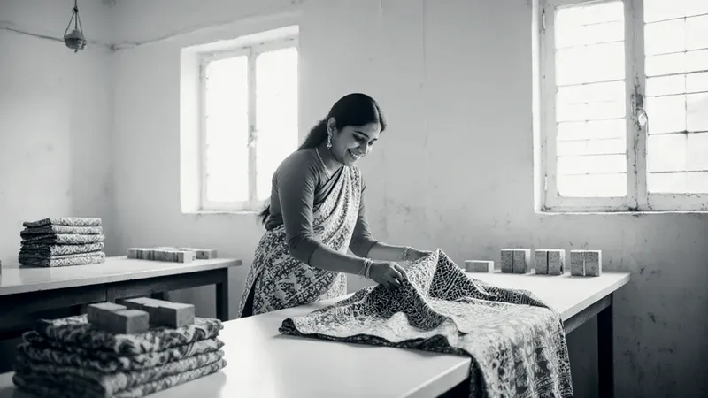 A smiling woman folds blue and red block-printed cotton on a white table in a bright workshop, with stacks of printed fabric and wooden printing blocks around her