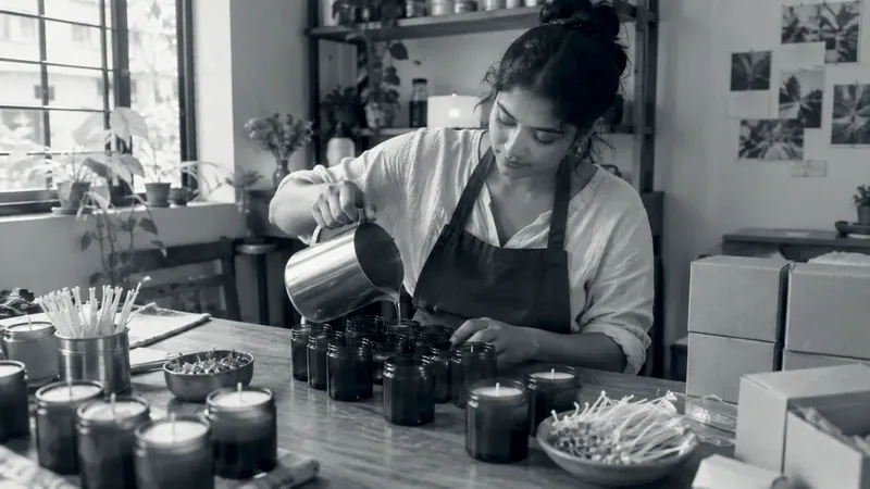 A woman in an apron pours melted wax into amber glass jars on a wooden table, beside finished candles, cotton wicks and plain kraft boxes