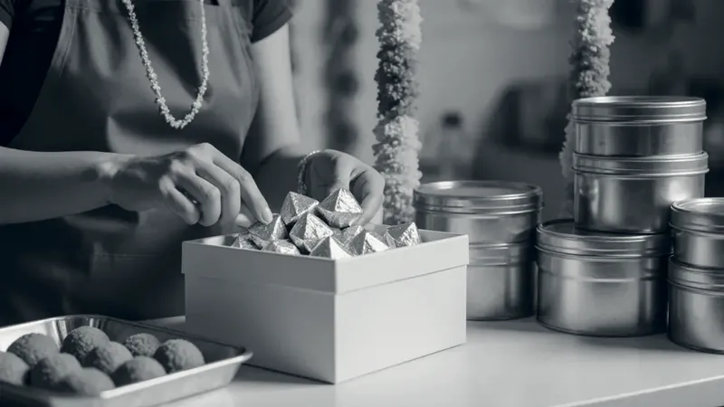 A shop worker in a red apron fills a cream gift box with silver-wrapped sweets, beside a tray of laddoos, stacked steel tins and marigold garlands