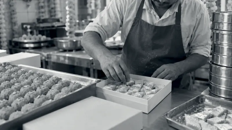 A sweet-maker in a red apron places diamond-shaped kaju katli with silver leaf into a cream gift box, beside trays of laddoos, stacked steel tins and marigold garlands