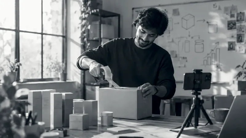 A founder taping up a carton at a workbench, with product boxes, a phone on a tripod and a launch plan on the whiteboard