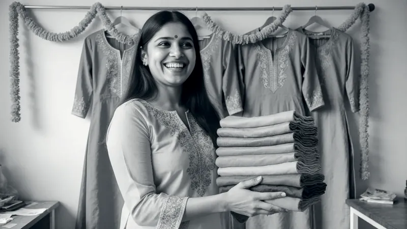 A smiling young woman in a saffron kurta carries a stack of colourful folded kurtas past a rail of pink, turquoise and green kurtas hung with marigolds