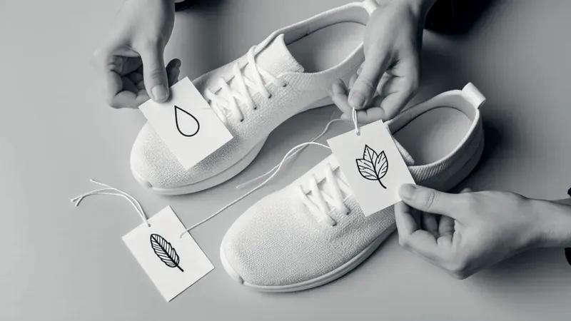 Hands tie small white cards with drawn icons, a water drop, a leaf and a feather, to a pair of white knit sneakers on a grey table