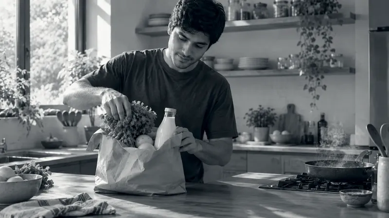 A young man in a sunlit kitchen unpacks a paper bag of coriander, lemons and a bottle of milk, with a pan steaming on the stove behind him