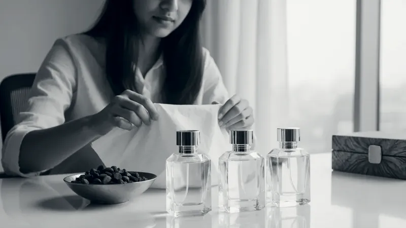 A woman unwraps three glass perfume bottles with gold caps from white tissue on a bright office desk, beside a brass bowl of agarwood chips and a carved wooden box