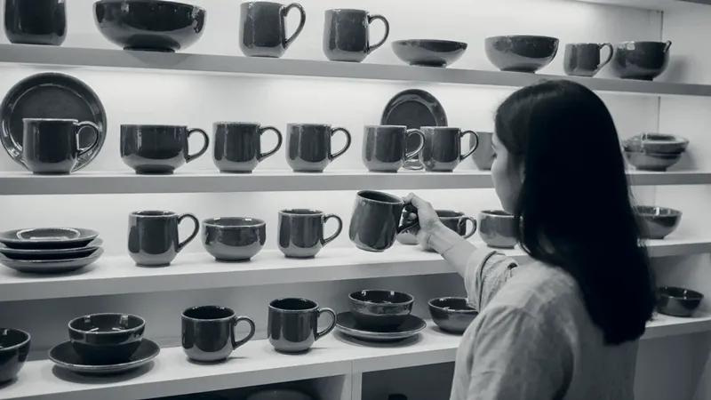 A young woman placing a teal mug on white shelves lined with a ceramics brand's full range of matching mugs, bowls and plates