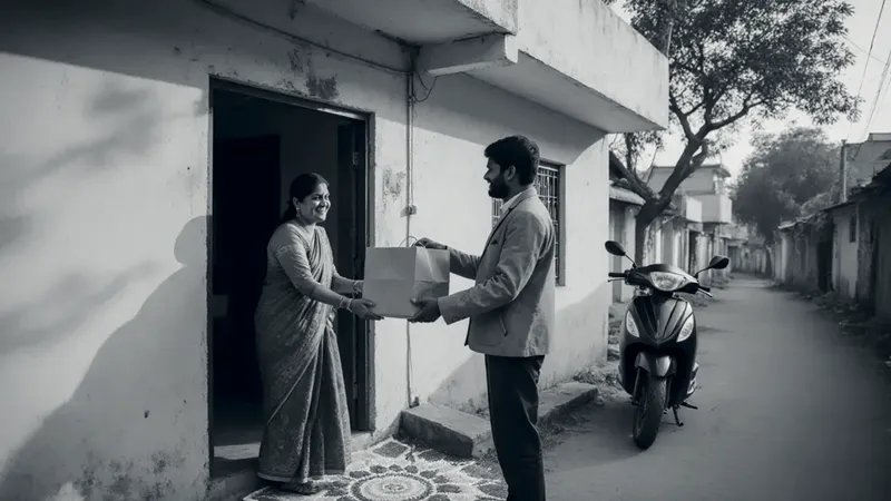 A delivery man hands a brown paper bag to a smiling woman in a sari at the door of a pale yellow house in a small-town lane, his scooter parked behind