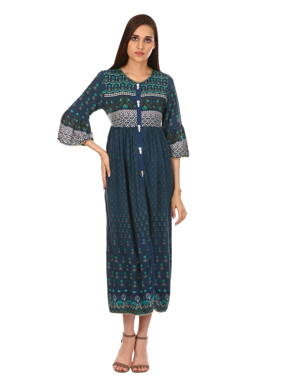 A model in a teal printed kurta with bell sleeves, on white