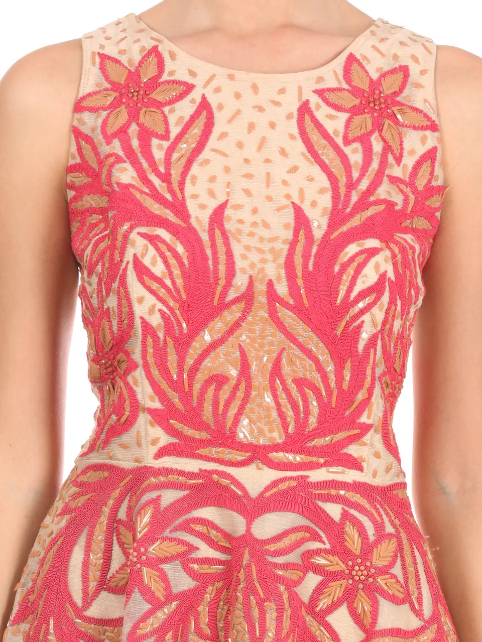 Close-up of the pink embroidery on the dress’s bodice
