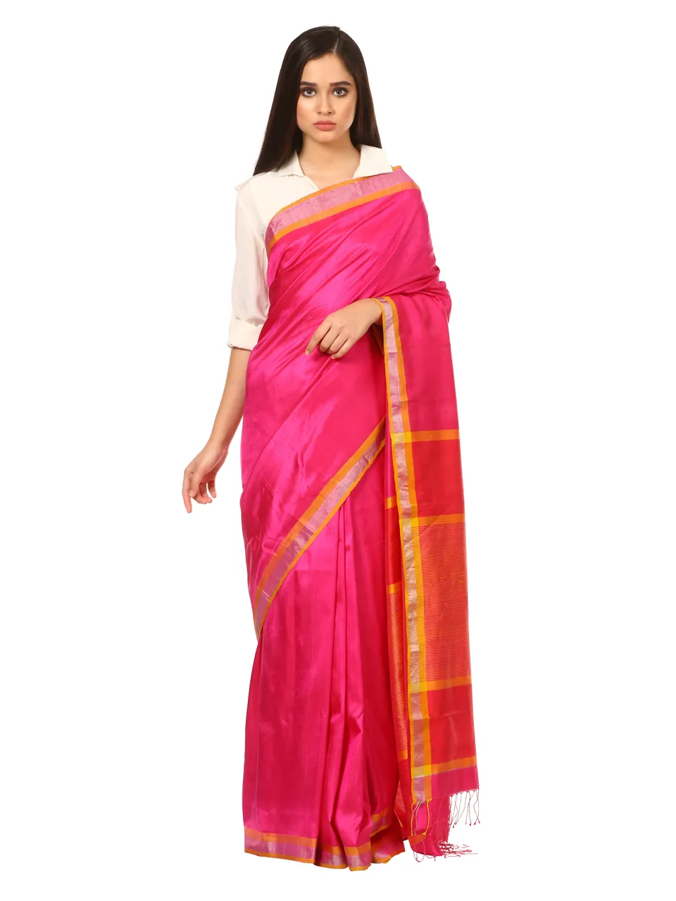 A model in a pink saree with an orange border, on white