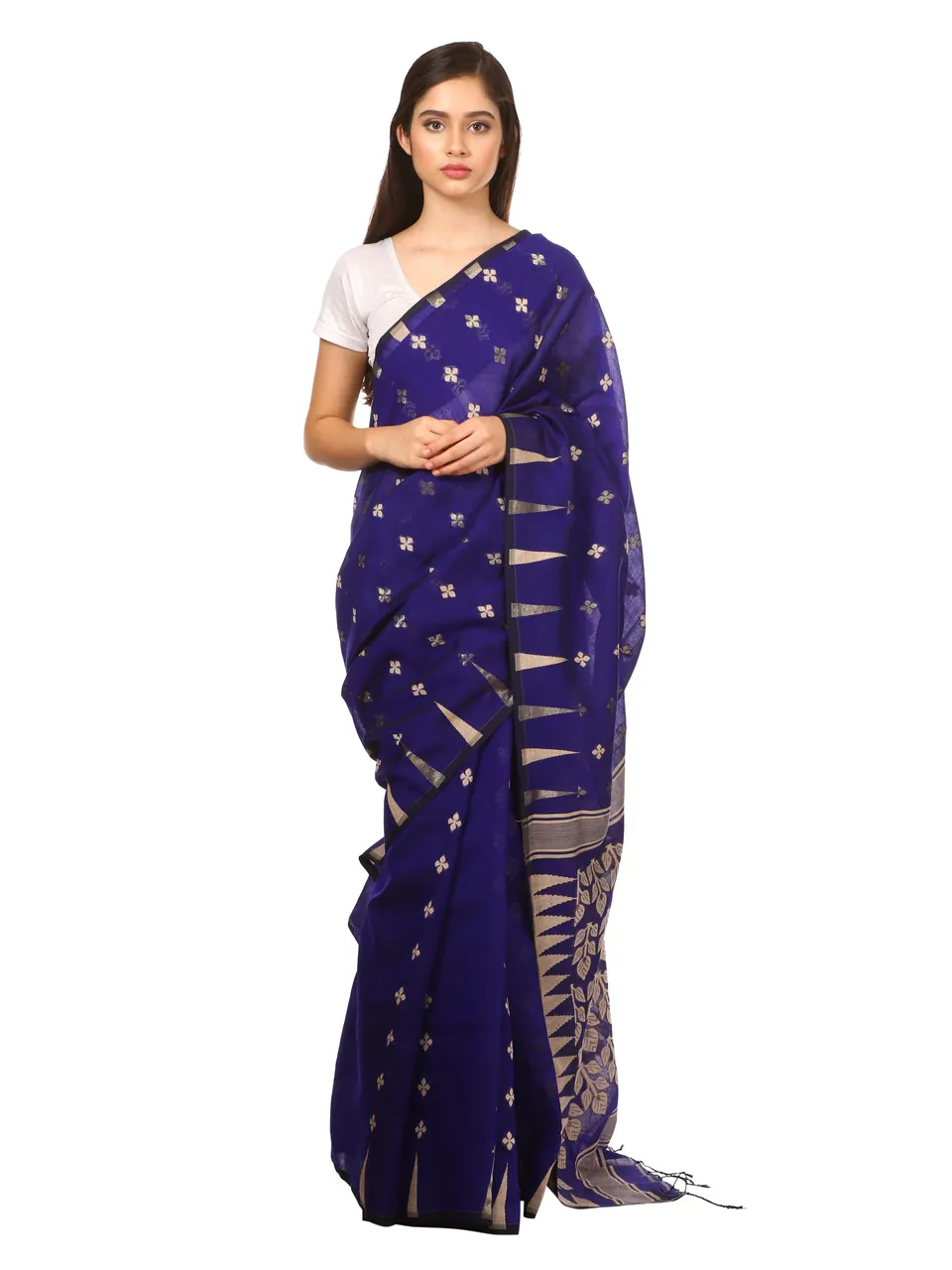 A model in a royal blue saree with small silver motifs, on white