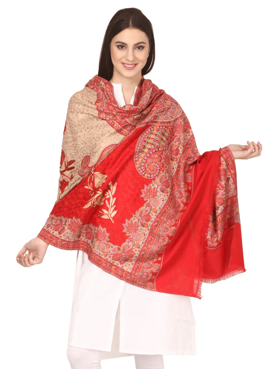 A model holding open a red paisley shawl, on white