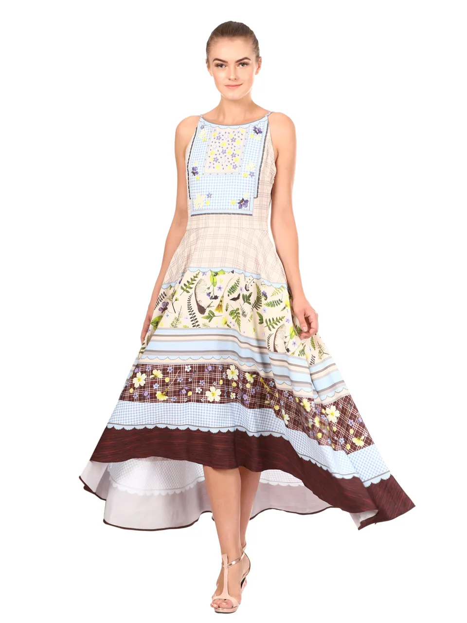 A model in a printed high-low dress, on white
