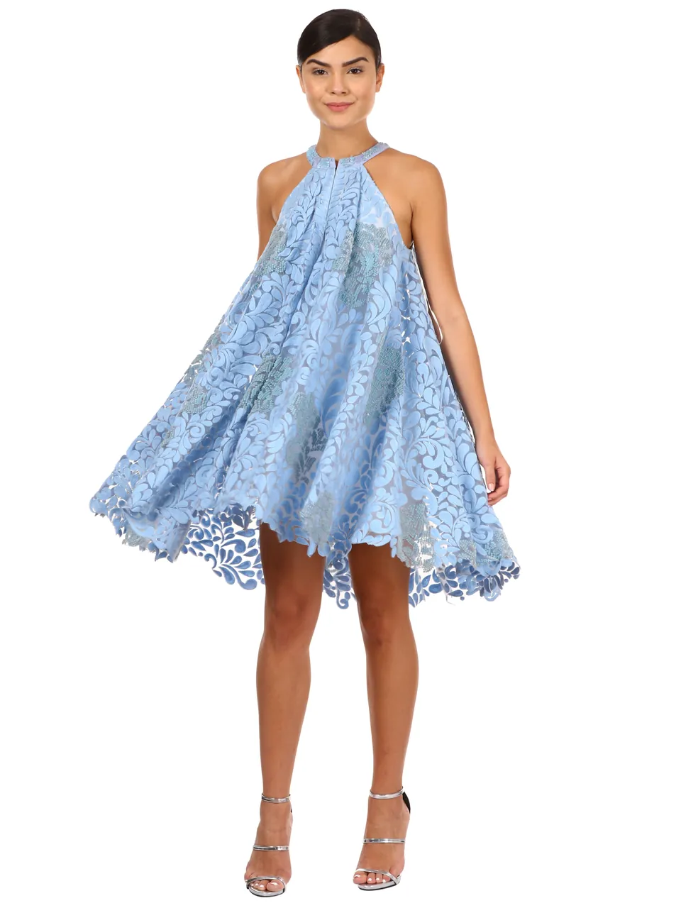 A model in a sky-blue lace swing dress, on white