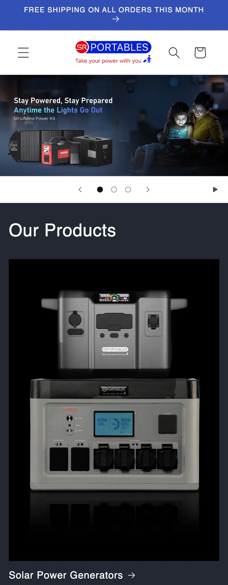 The home page of srportables.in on a phone